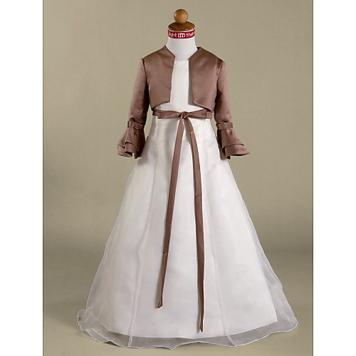 

Princess / A-Line Floor Length First Communion / Wedding Party Organza / Satin Long Sleeve Jewel Neck with Sash / Ribbon