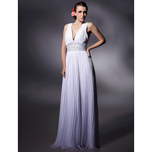 

Sheath / Column Celebrity Style All Celebrity Styles Inspired by Cannes Film Festival Prom Formal Evening Military Ball Dress Plunging Neck Sleeveless Floor Length Chiffon with Beading Draping 2021