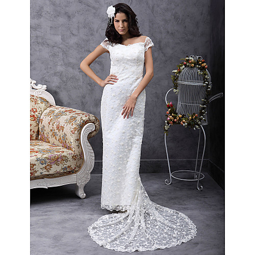 Sheath / Column Wedding Dresses Off Shoulder Court Train Lace Short Sleeve with 2021
Sheath / Column Wedding Dresses Off Shoulder Court Train Lace Short Sleeve with 2021