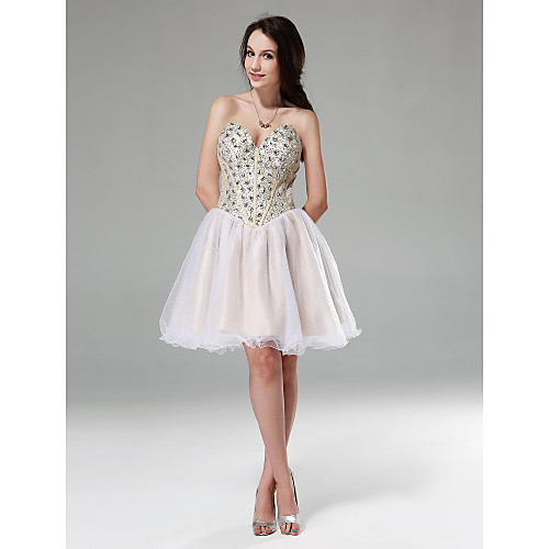

Ball Gown Sparkle & Shine Holiday Homecoming Cocktail Party Dress Sweetheart Neckline Strapless Sleeveless Short / Mini Tulle Stretch Satin Sequined with Crystals Beading 2021