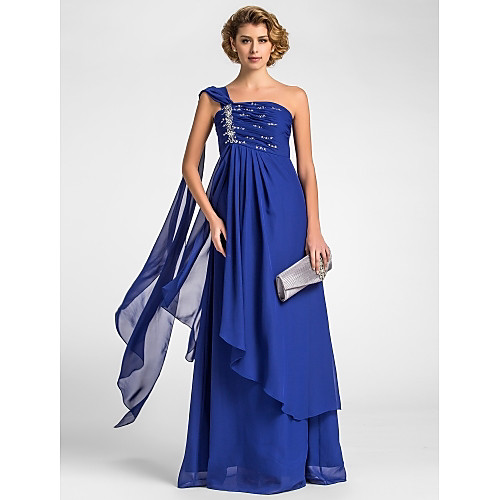 

A-Line Mother of the Bride Dress Sparkle & Shine One Shoulder Watteau Train Floor Length Chiffon Sleeveless with Beading Draping Side Draping 2021