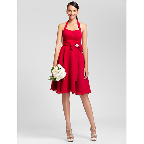 Princess / A-Line Halter Neck Knee Length Chiffon Bridesmaid Dress with Bow(s) / Ruched / Draping / Open Back
Princess / A-Line Halter Neck Knee Length Chiffon Bridesmaid Dress with Bow(s) / Ruched / Draping / Open Back