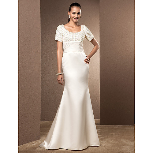 Mermaid / Trumpet Wedding Dresses Scoop Neck Court Train Lace Satin Short Sleeve with Pearl Ruched 2021
Mermaid / Trumpet Wedding Dresses Scoop Neck Court Train Lace Satin Short Sleeve with Pearl Ruched 2021