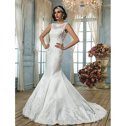 Mermaid / Trumpet Wedding Dresses Jewel Neck Court Train Satin Sleeveless with 2021
Mermaid / Trumpet Wedding Dresses Jewel Neck Court Train Satin Sleeveless with 2021