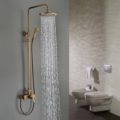 

Antique Brass 8-Inch Bathroom Shower Faucet System Rainfall Shower Head Wall-Mounted Dual Cross Handle Bathtub Shower Mixer Tap with Hand Sprayer