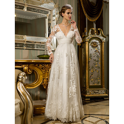 

Sheath / Column Wedding Dresses V Neck Floor Length Lace Tulle Long Sleeve Romantic Casual See-Through Illusion Sleeve with Sash / Ribbon Draping 2021