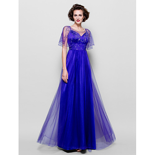 

A-Line Mother of the Bride Dress See Through Jewel Neck Floor Length Tulle Short Sleeve with Sash / Ribbon Crystals Beading 2021