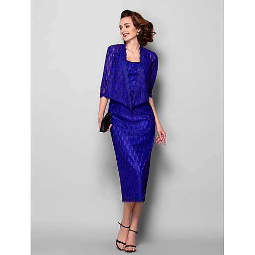 Sheath / Column Mother of the Bride Dress Wrap Included Square Neck Tea Length Lace 3/4 Length Sleeve with Lace 2021 
Sheath / Column Mother of the Bride Dress Wrap Included Square Neck Tea Length Lace 3/4 Length Sleeve with Lace 2021