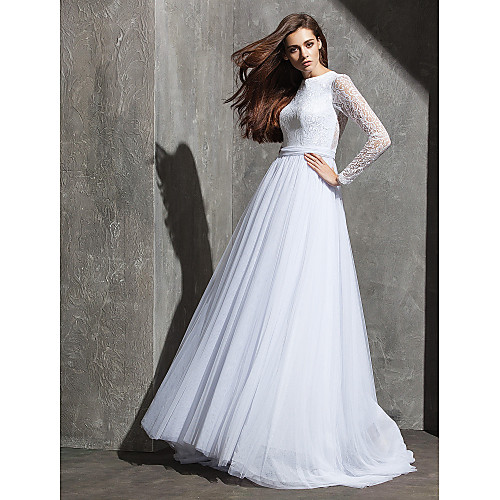 A-Line Wedding Dresses Jewel Neck Sweep / Brush Train Tulle Lace Bodice Long Sleeve See-Through with Sash / Ribbon Button 2021
A-Line Wedding Dresses Jewel Neck Sweep / Brush Train Tulle Lace Bodice Long Sleeve See-Through with Sash / Ribbon Button 2021