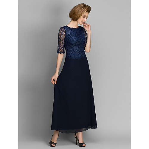 Sheath / Column Mother of the Bride Dress See Through Jewel Neck Ankle Length Chiffon Half Sleeve with Lace Pleats 2021
Sheath / Column Mother of the Bride Dress See Through Jewel Neck Ankle Length Chiffon Half Sleeve with Lace Pleats 2021