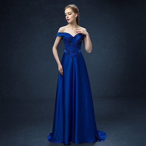 A-Line Formal Evening Dress Off Shoulder Sweep / Brush Train Satin with Lace Beading Appliques 2021
A-Line Formal Evening Dress Off Shoulder Sweep / Brush Train Satin with Lace Beading Appliques 2021