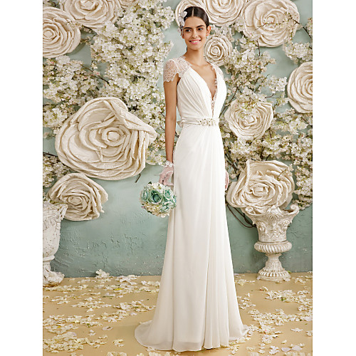 Sheath / Column Wedding Dresses V Neck Sweep / Brush Train Chiffon Sheer Lace Short Sleeve Casual Vintage See-Through Plus Size Backless with Crystal Button 2021
Sheath / Column Wedding Dresses V Neck Sweep / Brush Train Chiffon Sheer Lace Short Sleeve Casual Vintage See-Through Plus Size Backless with Crystal Button 2021