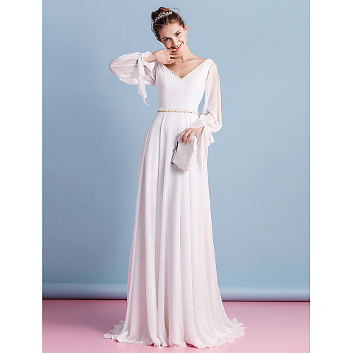 Sheath / Column Wedding Dresses V Neck Court Train Chiffon Long Sleeve with Beading 2021
Sheath / Column Wedding Dresses V Neck Court Train Chiffon Long Sleeve with Beading 2021