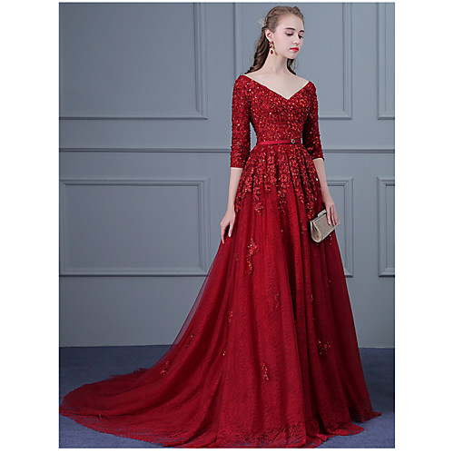 Ball Gown Elegant & Luxurious Formal Evening Black Tie Gala Dress V Neck Half Sleeve Court Train Tulle with Beading Appliques 2021
Ball Gown Elegant & Luxurious Formal Evening Black Tie Gala Dress V Neck Half Sleeve Court Train Tulle with Beading Appliques 2021