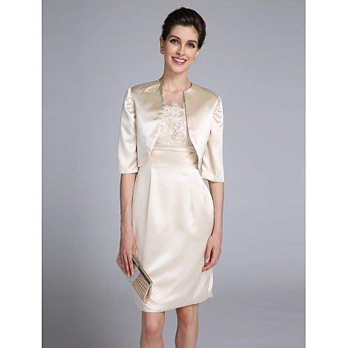 Sheath / Column Mother of the Bride Dress Convertible Dress Jewel Neck Knee Length Lace Over Satin Half Sleeve with Lace Appliques 2021
Sheath / Column Mother of the Bride Dress Convertible Dress Jewel Neck Knee Length Lace Over Satin Half Sleeve with Lace Appliques 2021