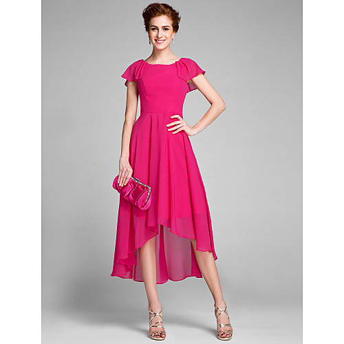 Sheath / Column Mother of the Bride Dress Vintage Inspired Jewel Neck Asymmetrical Chiffon Short Sleeve with Ruffles 2021
Sheath / Column Mother of the Bride Dress Vintage Inspired Jewel Neck Asymmetrical Chiffon Short Sleeve with Ruffles 2021