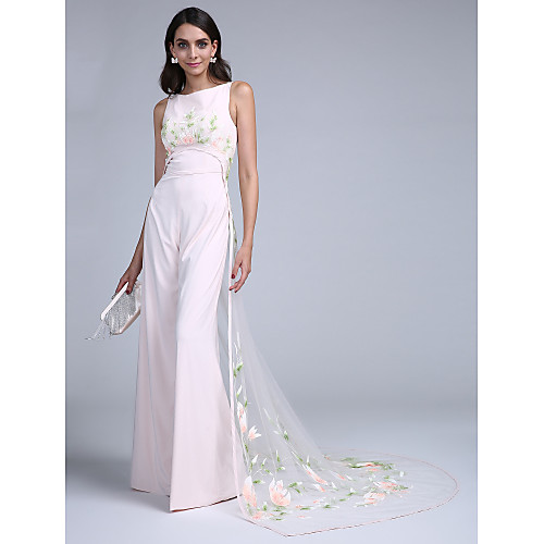 

Jumpsuits Sheath / Column Elegant Formal Evening Dress Jewel Neck Sleeveless Court Train Chiffon Tulle with Pattern / Print 2021