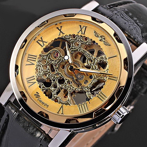 

WINNER Men's Skeleton Watch Wrist Watch Mechanical Watch Mechanical manual-winding Classic Style Quilted PU Leather Black Hollow Engraving Cool Analog Golden BlackGolden GoldenSilver