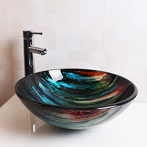 

Tempered Glass Ceramic Bathroom Sink Above Counter/Carve Vessel Sink Bowl/Large Wash Basin Vanity Sink in Round shape Countertop for Lavatory