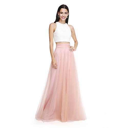Two Piece / A-Line Jewel Neck Floor Length Lace Over Tulle Bridesmaid Dress with Sash / Ribbon / Ruched
Two Piece / A-Line Jewel Neck Floor Length Lace Over Tulle Bridesmaid Dress with Sash / Ribbon / Ruched