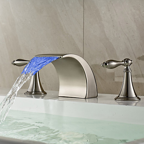 

Modern Widespread Waterfall 3 Colors LED Ceramic Valve Two Handles Three Holes Nickel Brushed, Bathroom Sink Faucet