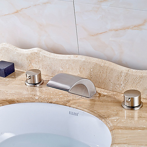 

Modern Widespread Waterfall Ceramic Valve Two Handles Three Holes Nickel Brushed, Bathroom Sink Faucet