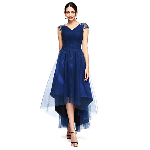A-Line Open Back Prom Formal Evening Dress V Neck Short Sleeve Asymmetrical Tulle Stretch Satin with Criss Cross Beading 2021
A-Line Open Back Prom Formal Evening Dress V Neck Short Sleeve Asymmetrical Tulle Stretch Satin with Criss Cross Beading 2021