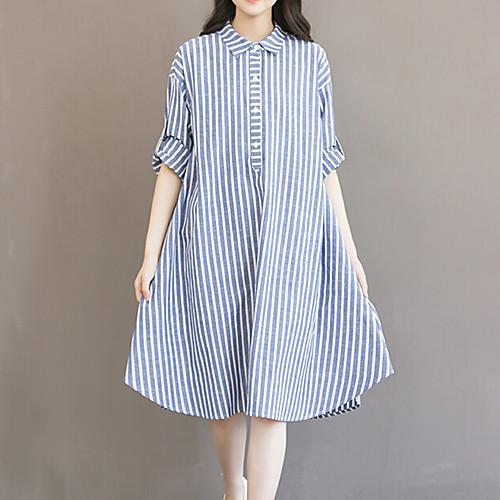 Women's Loose Knee Length Dress Blue Long Sleeve Striped Shirt Collar Cotton Fine Stripe S M L XL XXL 3XL / Plus Size
Women's Loose Knee Length Dress Blue Long Sleeve Striped Shirt Collar Cotton Fine Stripe S M L XL XXL 3XL / Plus Size