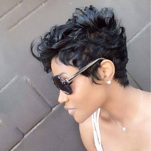 

Human Hair Blend Wig Short Natural Wave Pixie Cut Layered Haircut Short Hairstyles 2020 With Bangs Berry Natural Wave Side Part Machine Made Women's Natural Black #1B