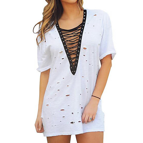 Women's T shirt Solid Colored Hole Short Sleeve Daily Tops Cotton White Black
Women's T shirt Solid Colored Hole Short Sleeve Daily Tops Cotton White Black