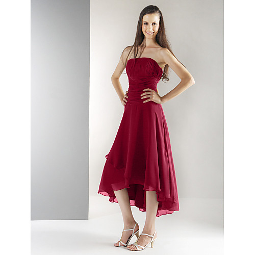 

Ball Gown / A-Line Strapless Asymmetrical / Tea Length Chiffon Bridesmaid Dress with Ruched / Draping