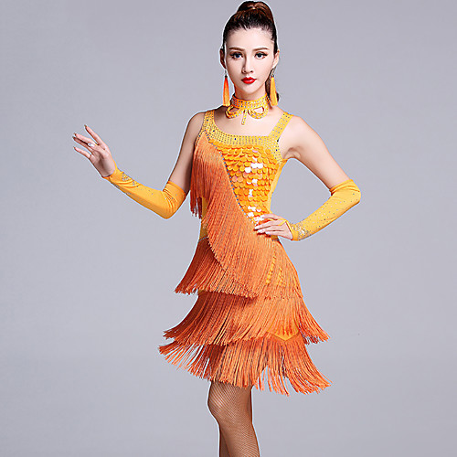 

Latin Dance Dress Sequin Tassel Crystals / Rhinestones Women's Performance Sleeveless Natural Viscose