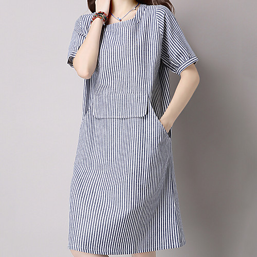 Women's Loose Knee Length Dress Blue Short Sleeve Striped Summer Round Neck Chinoiserie Cotton M L XL XXL
Women's Loose Knee Length Dress Blue Short Sleeve Striped Summer Round Neck Chinoiserie Cotton M L XL XXL