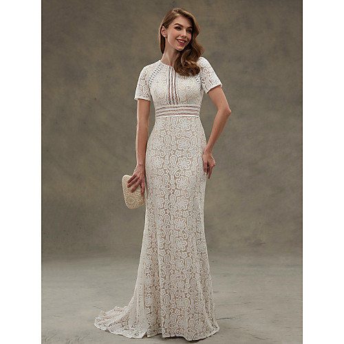 

Sheath / Column Wedding Dresses Jewel Neck Floor Length Sheer Lace Short Sleeve Open Back See-Through with Lace Sash / Ribbon Draping 2021