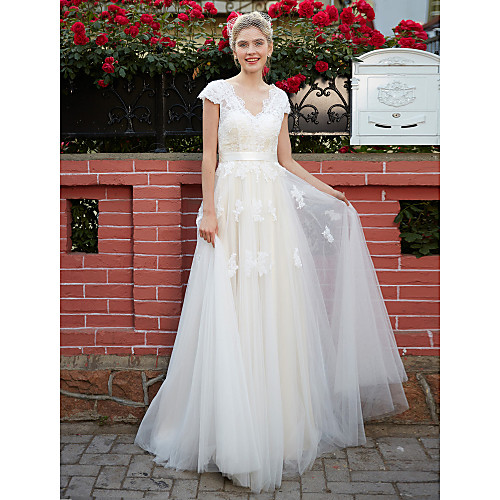A-Line Wedding Dresses V Neck Floor Length Lace Over Tulle Short Sleeve with Sash / Ribbon Appliques 2021
A-Line Wedding Dresses V Neck Floor Length Lace Over Tulle Short Sleeve with Sash / Ribbon Appliques 2021