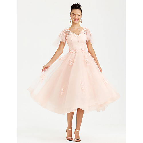 A-Line Elegant Pink Wedding Guest Cocktail Party Dress V Neck Short Sleeve Tea Length Tulle with Appliques 2020
A-Line Elegant Pink Wedding Guest Cocktail Party Dress V Neck Short Sleeve Tea Length Tulle with Appliques 2020