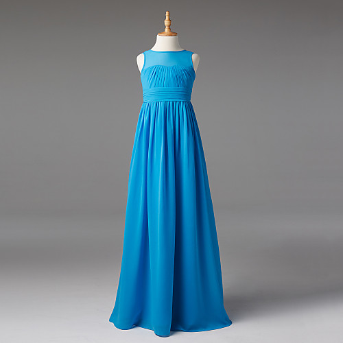 

Princess / A-Line Jewel Neck Floor Length Chiffon Junior Bridesmaid Dress with Sash / Ribbon / Pleats