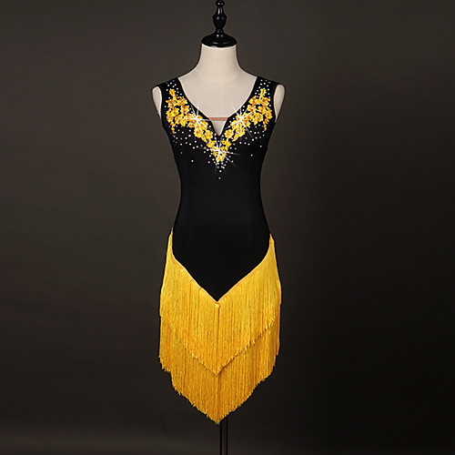 

Latin Dance Dress Tassel Crystals / Rhinestones Women's Performance Sleeveless Spandex Organza Girl Dress Stage Wear