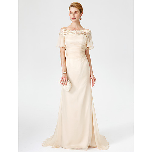 Sheath / Column Mother of the Bride Dress Elegant Off Shoulder Sweep / Brush Train Chiffon Lace Short Sleeve with Pleats 2021
Sheath / Column Mother of the Bride Dress Elegant Off Shoulder Sweep / Brush Train Chiffon Lace Short Sleeve with Pleats 2021