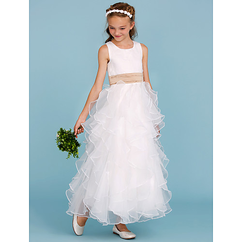 

Princess / A-Line Jewel Neck Ankle Length Organza / Satin Junior Bridesmaid Dress with Sash / Ribbon / Cascading Ruffles / Wedding Party