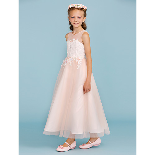

Princess / A-Line Jewel Neck Ankle Length Lace / Tulle Junior Bridesmaid Dress with Sash / Ribbon / Appliques / Wedding Party / Open Back