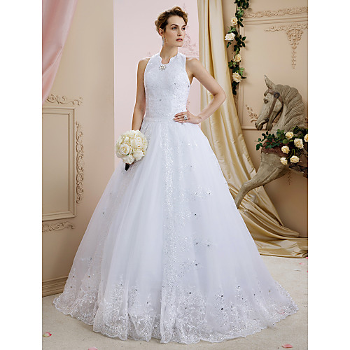 Ball Gown Wedding Dresses Halter Neck Sweep / Brush Train Lace Tulle Sleeveless Open Back Floral Lace with Crystals Sequin Appliques 2021
Ball Gown Wedding Dresses Halter Neck Sweep / Brush Train Lace Tulle Sleeveless Open Back Floral Lace with Crystals Sequin Appliques 2021