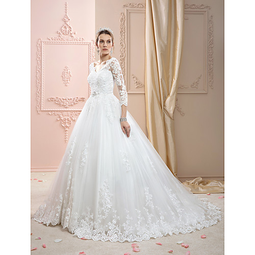 Ball Gown Wedding Dresses V Neck Court Train Lace Over Tulle 3/4 Length Sleeve Glamorous Plus Size Illusion Sleeve with Crystals Appliques 2021
Ball Gown Wedding Dresses V Neck Court Train Lace Over Tulle 3/4 Length Sleeve Glamorous Plus Size Illusion Sleeve with Crystals Appliques 2021