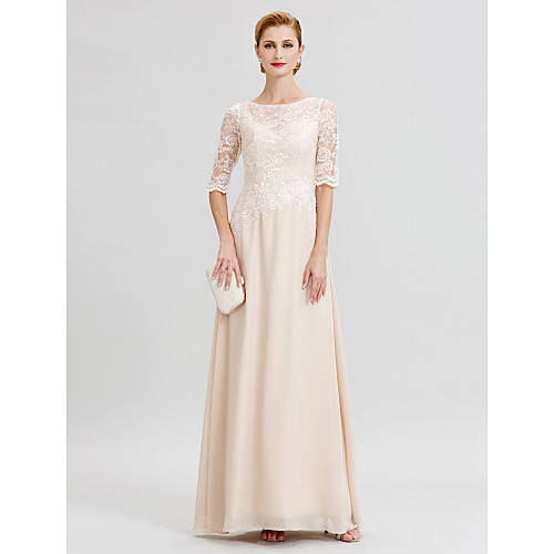 Sheath / Column Mother of the Bride Dress Elegant See Through Illusion Neck Floor Length Chiffon Sheer Lace Half Sleeve with Appliques 2021
Sheath / Column Mother of the Bride Dress Elegant See Through Illusion Neck Floor Length Chiffon Sheer Lace Half Sleeve with Appliques 2021