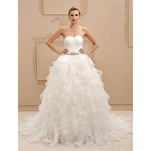 

Ball Gown Wedding Dresses Sweetheart Neckline Court Train Lace Organza Strapless Romantic Sparkle & Shine with Crystals Cascading Ruffles 2021