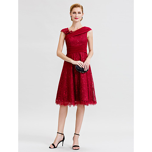 A-Line Mother of the Bride Dress Elegant V Neck Knee Length Chiffon Glitter Lace Beaded Lace Short Sleeve with Sash / Ribbon Flower 2021
A-Line Mother of the Bride Dress Elegant V Neck Knee Length Chiffon Glitter Lace Beaded Lace Short Sleeve with Sash / Ribbon Flower 2021