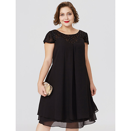 

Sheath / Column Jewel Neck Knee Length Chiffon / Lace Short Sleeve Little Black Dress / Plus Size / See Through Mother of the Bride Dress with Pleats / Beading / Lace Insert Mother's Day 2020