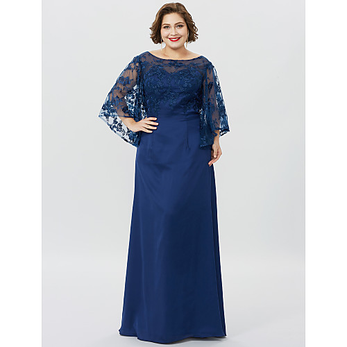 

Sheath / Column Mother of the Bride Dress Classic & Timeless Elegant & Luxurious Plus Size Bateau Neck Floor Length Chiffon Sheer Lace 3/4 Length Sleeve with Appliques 2021