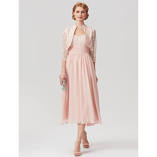Sheath / Column Mother of the Bride Dress Convertible Dress Straps Tea Length Chiffon Lace 3/4 Length Sleeve with Ruched Sequin 2020
Sheath / Column Mother of the Bride Dress Convertible Dress Straps Tea Length Chiffon Lace 3/4 Length Sleeve with Ruched Sequin 2020
