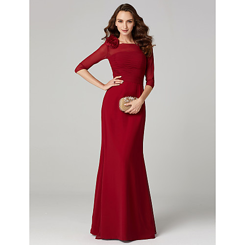

Sheath / Column Keyhole Holiday Cocktail Party Formal Evening Dress Bateau Neck Boat Neck 3/4 Length Sleeve Floor Length Charmeuse Jersey with Ruched Flower 2021
